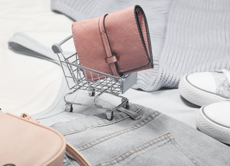 Leather wallet in a mini shopping trolley on the background of things and accessories. Concept of shopping, consumerの写真素材