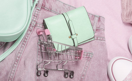 Leather wallet in a mini shopping trolley on the background of things and accessories. Concept of...