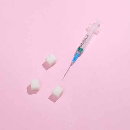 Syringe with sugar cubes on a bright pink background. diabetes. minimal medicine conceptの写真素材