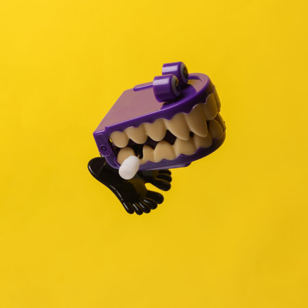 Halloween jumoing jaw on yellow backgroundの写真素材