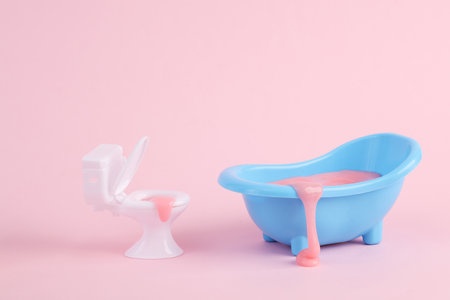 Toilet and bathroom with slime on a pink background. minimal creative layout