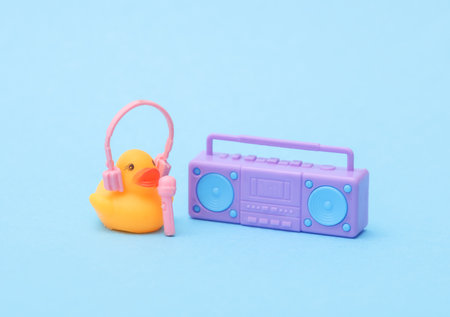 Rubber duck with headphones and boombox audio player on blue background. music concept
