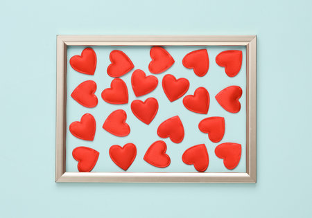 Frame with hearts on blue background. Romantic, love conceptの写真素材