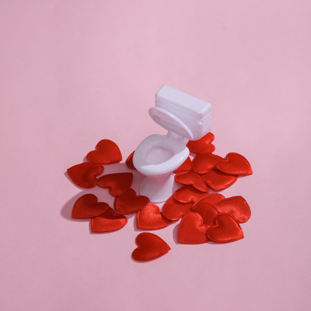 Toilet model with hearts on a pink background. Love concept, valentine's day, february 14th celebration, creative layoutの写真素材