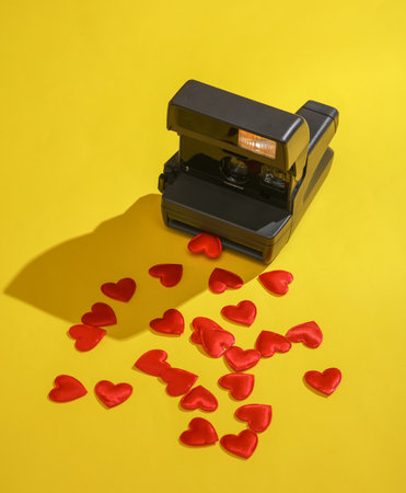 Retro instant camera with hearts on a yellow background. Valentine's day, love conceptの写真素材