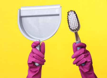 Hands in purple rubber cleaning gloves holding scoop and brush on a yellow background. House cleaning and housekeeping conceptの写真素材
