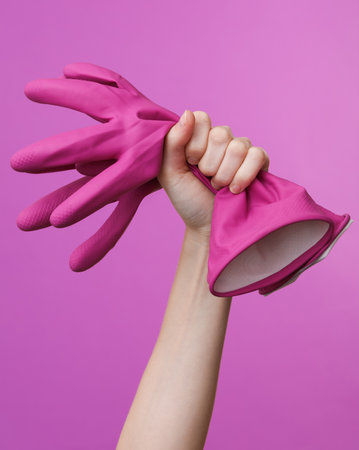 Woman's hand holding rubber cleaning gloves on purple backgroundの写真素材