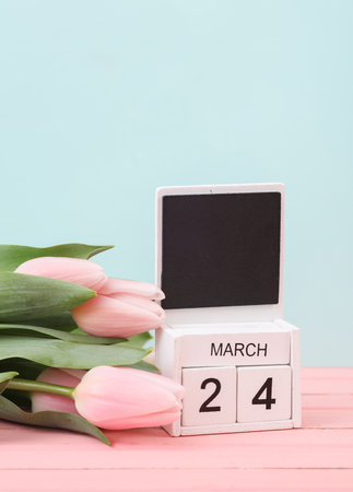Block wooden calendar with the date March 24 and tulips on a pastel background. spring compositionの写真素材