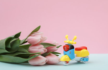 Pink tulips with toy moped on pastel backgroundの写真素材