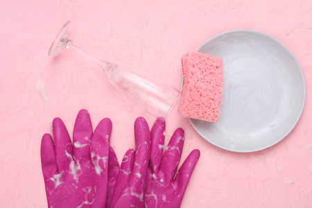 Sponge, plate and glass, rubber gloves with foam on a pink background. Washing dishes concept. top viewの写真素材