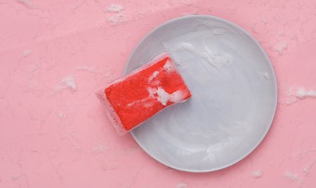 Sponge and plate with foam on a pink background. Washing dishes concept. top viewの写真素材
