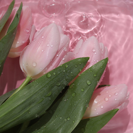 Pink tulips in pink water with shadows. top viewの写真素材