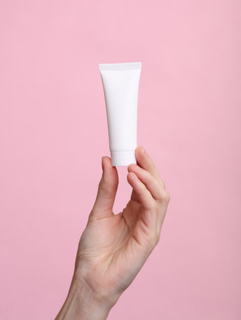 Woman's hand holds white tube of cream on pink backgroundの写真素材