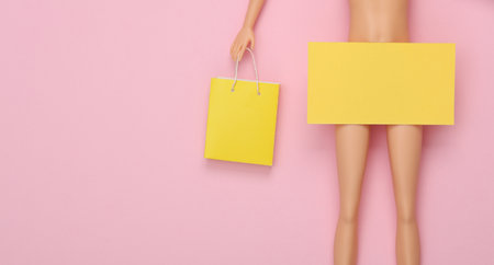 Doll with business card holds a shopping bag on a pink background. creative layoutの写真素材