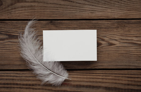 White Blank business card for corporate identity and feather on wooden background. creative mockup.の写真素材