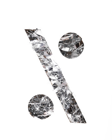 Percent symbol paper cut with tinsel on white backgroundの写真素材
