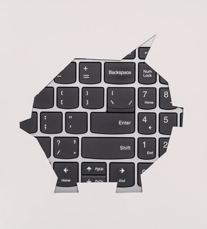Paper-cut hole in the shape of a piggy bank on keyboard. business conceptの写真素材