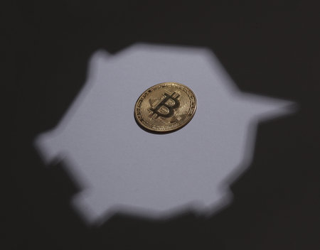 Shadow of piggy bank with bitcoin on gray backgroundの写真素材