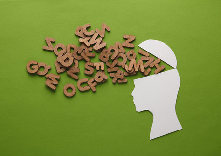 Paper-cut open human head with letters on a green background. The concept of mental health, open mindの写真素材