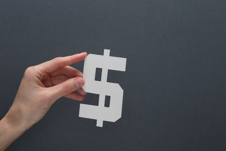Hand holding paper-cut dollar symbol on gray backgroundの写真素材
