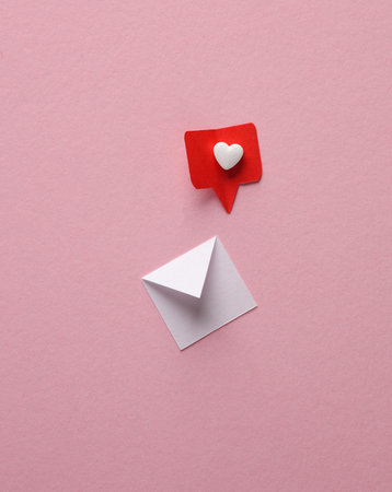 Paper cut notification message mail envelope with Social media like on pink background. creative...