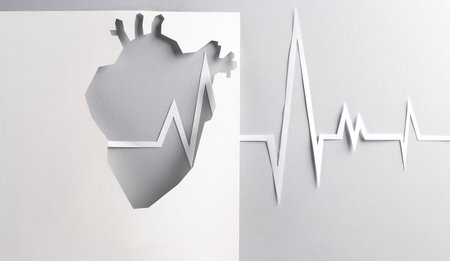 Paper-cut heart with cardiogram rhythm on gray background. Healthy heart concept. creative medicine layoutの写真素材