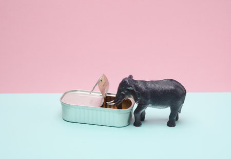 Open tin can with toy Elephant on pink blue background. creative layoutの写真素材