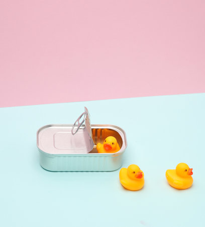 Open tin can with rubber ducks on pink blue background. creative layout