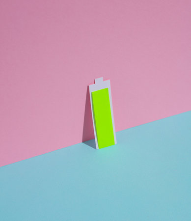Paper-cut battery with a full charge level on a blue-pink pastel backgroundの写真素材