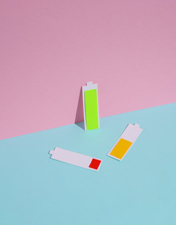 Batteries cut out of paper with full, medium and low battery levels on a blue-pink pastel backgroundの写真素材