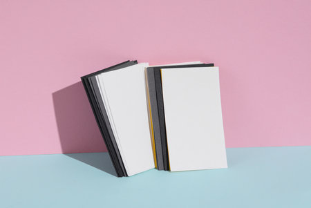 Many blank business cards on a blue-pink pastel background. creative minimal layout. corporate identityの写真素材