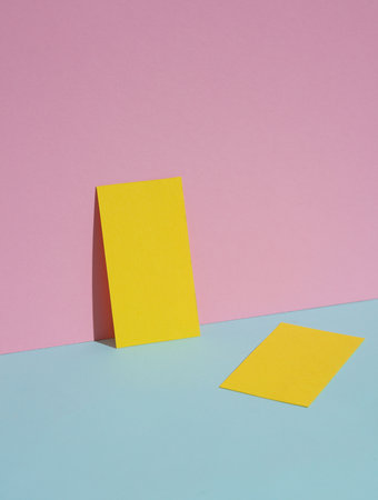 Yellow blank business cards on a blue-pink pastel background. creative minimal layout. corporate identityの写真素材
