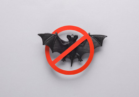 Bat with a prohibition sign on a gray background. Coronavirus causative agent. Let's stop covid19