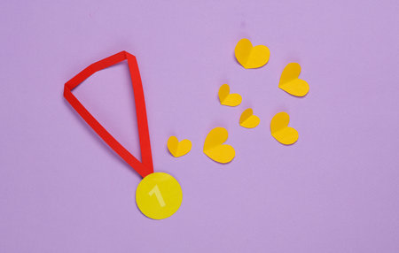 Paper cut gold medal with hearts on purple background. Competition, awarding, winner, sport concept