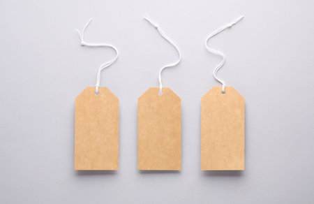 Empty craft price tags with string on gray background. Template for designの写真素材