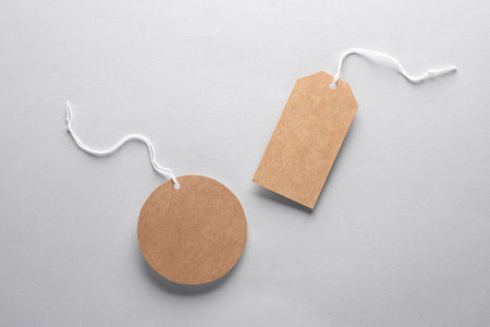 Empty rectangular and round craft price tags with string on brown background. Template for designの写真素材