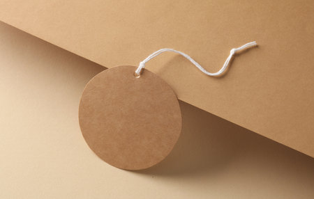 Empty round craft paper price tag on brown background. creative layout. minimalist composition. Eco...