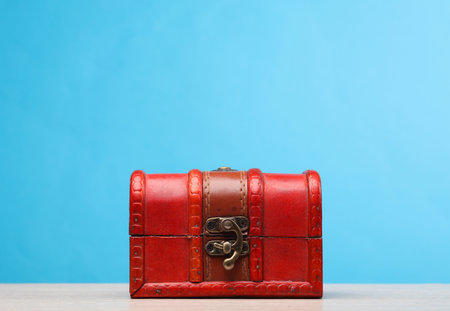 Red pirate chest on a blue backgroundの写真素材