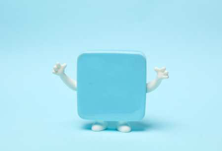 Children's toy with arms and legs on a blue backgroundの写真素材