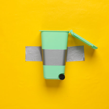 Trash can fixed with adhesive tape on yellow background. Conceptual pop, contemporary artの写真素材
