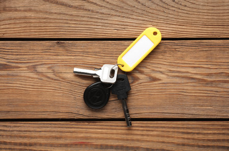 Plastic tag with magnetic and metal keys on wooden table