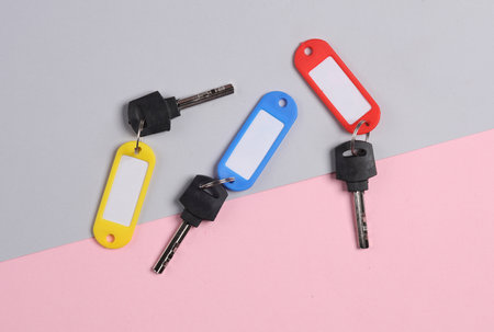 Plastic id tags with keys on pink gray backgroundの写真素材