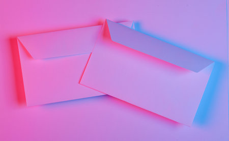 Paper envelopes in red blue neon lightの写真素材
