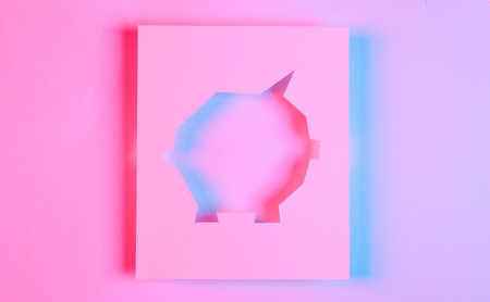 Paper cut piggy bank silhouette in blue red neon light