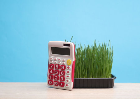 Calculator and Green grass in pot on table, blue backgroundの写真素材
