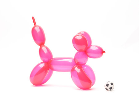 Inflatable pink balloon dog with football ball isolated on whiteの写真素材
