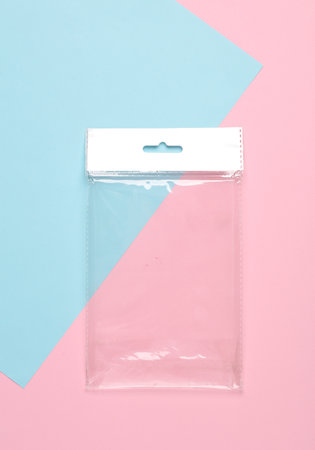 Cellophane packaging on a blue-pink backgroundの写真素材