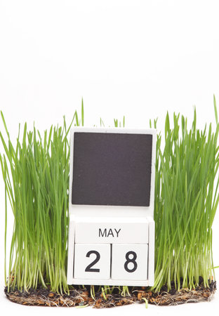 Wooden block calendar with date may 28 on green grass isolated on white background. Springtime,...