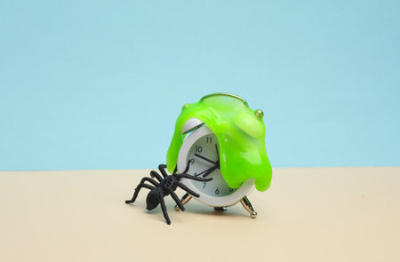 Minimalism halloween concept. Alarm clock with slime and spider on pastel background. Trick or Treatの写真素材