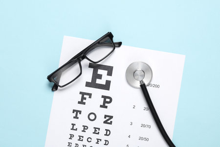Eyeglasses with stethoscope and eye test chart on blue background. Vision examination and...